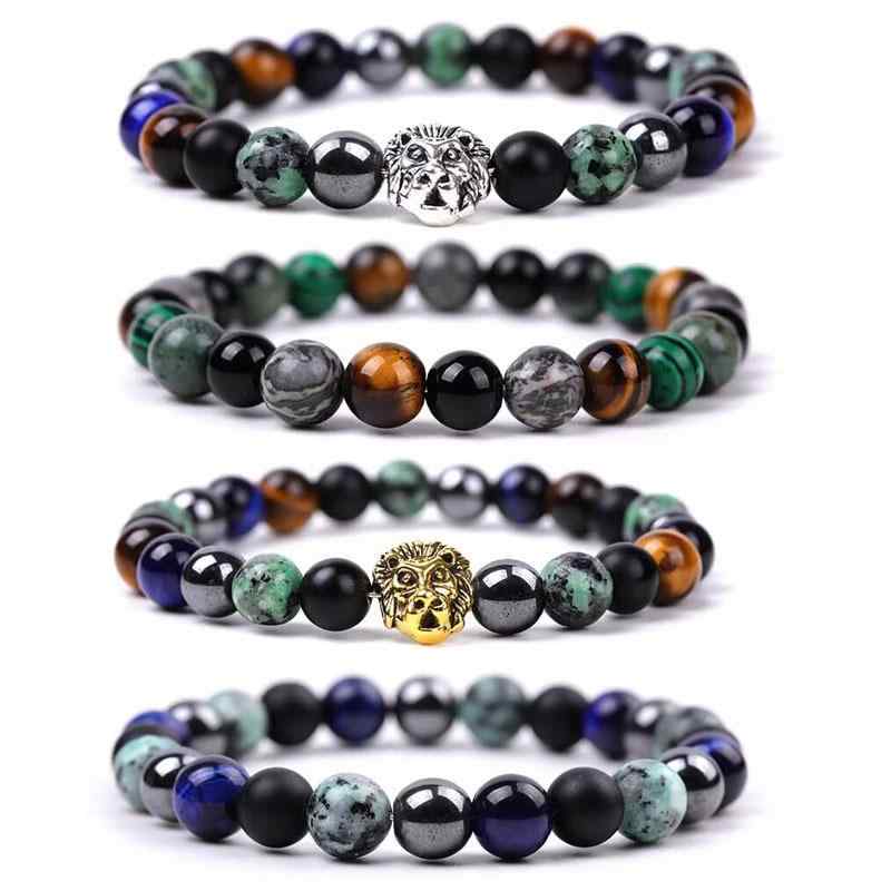 ブレスレット ユニセックス 天然石 アフリカンパイン石 孔雀石 ブルータイガーアイ 地図石 ミックスデ..