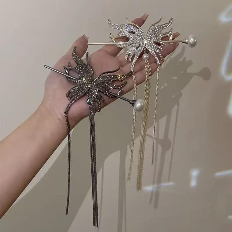 頭飾り 女性用 高級感 蝶々 パール かんざし ヘアスティック まとめ髪用 シンプル モダン エレガント レトロ 合金 電気メッキ加工 普段使い パーティー フ...