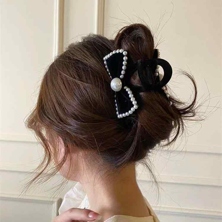 ヘアアクセサリー レディース フレンチスタイル パール リボン バンスクリップ 高級感 レトロ ベルベッ..