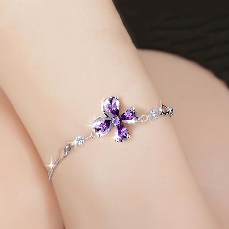 ブレスレット レディース 四つ葉のクローバーモチーフ フェイクアメジスト 金メッキ アクセサリー 韓国スタイル 上品なデザイン 普段使い フォーマル対応 パープ...