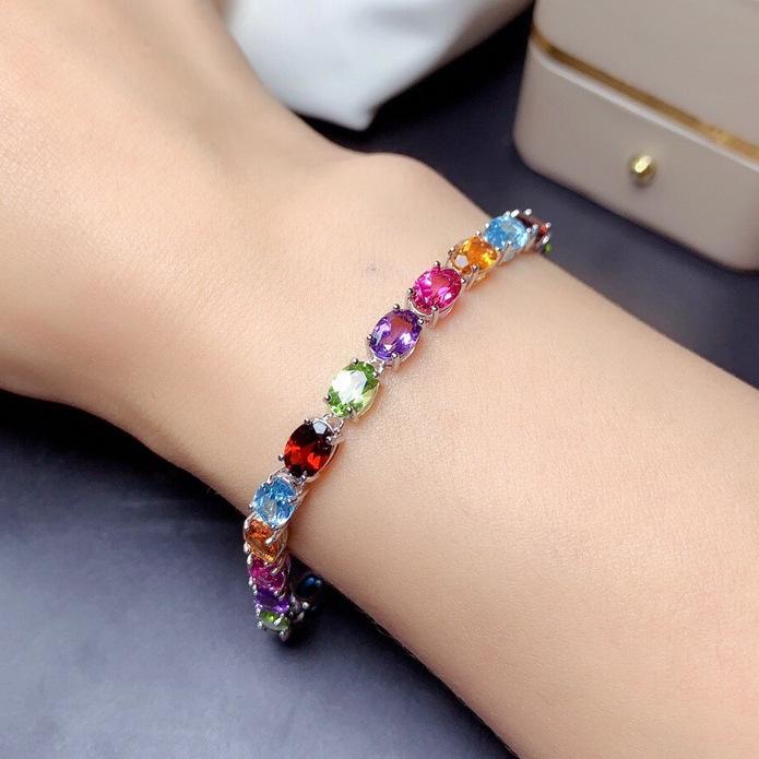 ブレスレット レディース レインボー トルマリン カラーストーン 模造宝石 半貴石 欧米風 エレガント ..