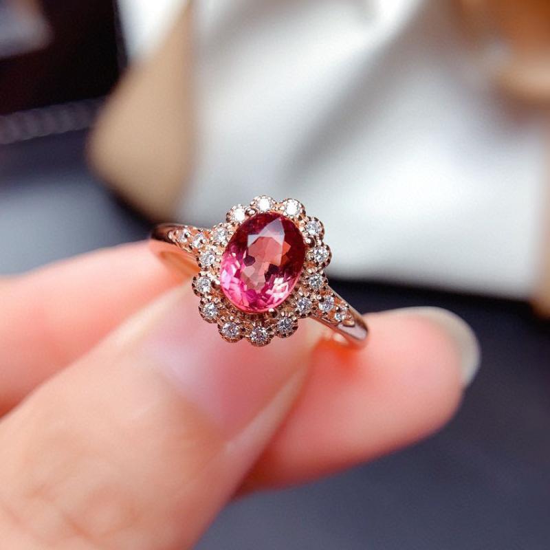 指輪 レディース エレガント 欧米風 楕円形 レッドトルマリン ジルコニアパヴェ フリーサイズ オープンリング 銅製 ゴールドメッキ ローズレッド ローズゴールド