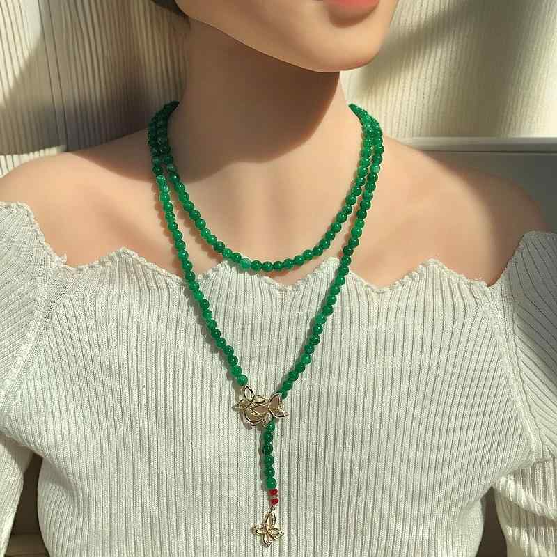ネックレス レディース グリーン 丸玉 ロング丈 セーターチェーン チャイナ風 上品 リボン 蝶 モチーフ 銅製 ハンドメイド 秋冬 通勤 デイリーユース(4)