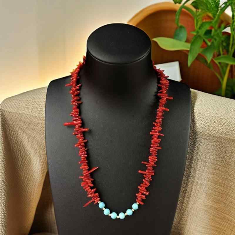 ネックレス レディース 女性用 赤珊瑚 レッドコーラル ターコイズ トルコ石 ハンドメイド 個性的 おし..