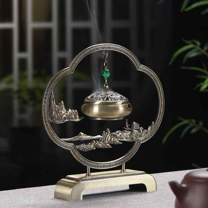 香炉 中式 金属製 電気メッキ加工 卓上 吊り下げ式 装飾品 置物 インテリア オブジェ 書斎 茶室 アロマ 癒し 沈香 白檀 渦巻香用 アンティーク調 青銅色