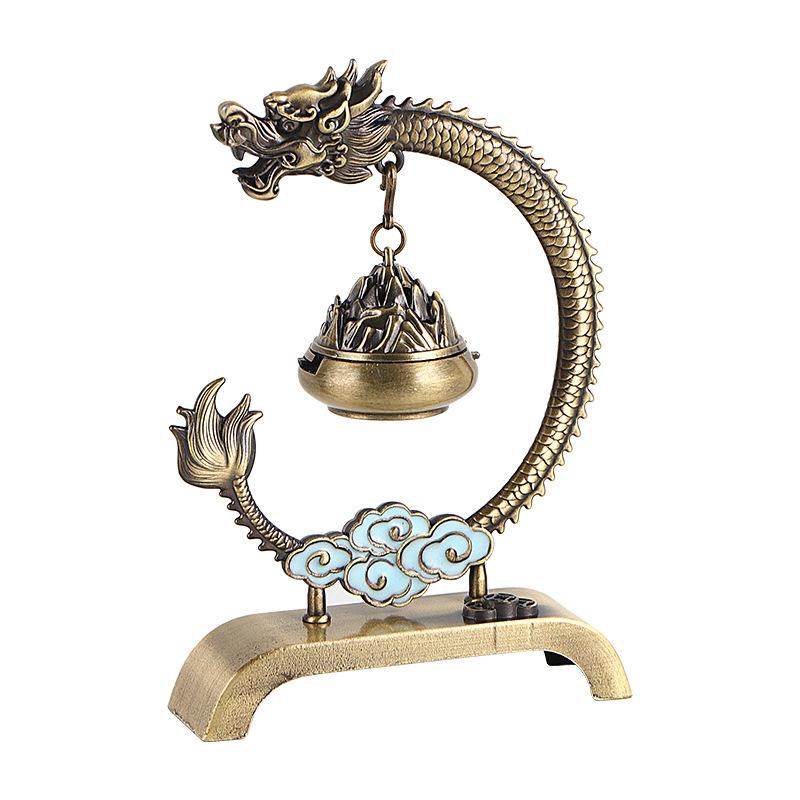 香炉 龍モチーフ 中国風 横置き アンティーク調 金属製 電気メッキ加工 室内用 家庭用 書斎 茶室 香道 インテリア 置物 オブジェ