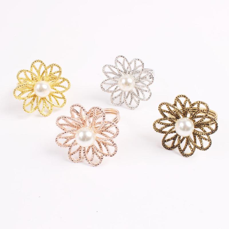 ナプキンリング パール 透かし彫り 透かし模様 フラワー 亜鉛合金 電気メッキ加工 洋風 エレガント ホテル 結婚式 パーティー 食卓 飾り 金 銀 ローズ アンティークゴールド(x6)