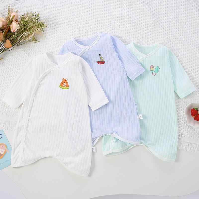 ベビー ロンパース 新生児 男女兼用 春夏 薄手 コットン 吸湿速乾 パジャマ ルームウェア かわいい 前開き 斜めボタン 無地 カジュアル 0歳 1歳