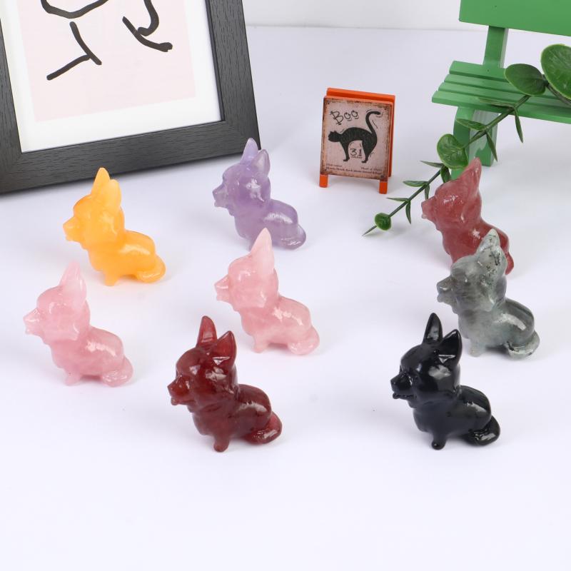 置物 コーギー 犬 天然水晶 彫刻 フィギュア ミニチュア 多種天然石 ローズクォーツ ラブラドライト ストロベリークォーツ オブシディアン オパール インテリア 雑貨 飾り プレゼント ギフト