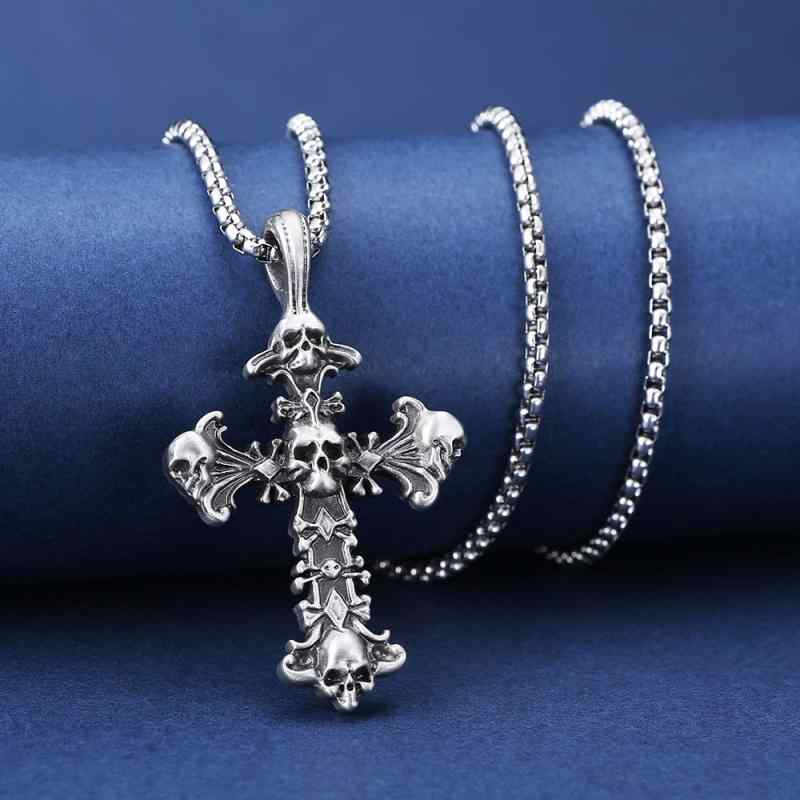 メンズ ネックレス スカル クロス ペンダント トップ パンク ロック レトロ ヴィンテージ チタン鋼 スズ製 研磨加工 ロングアクセサリー 光沢仕上げ