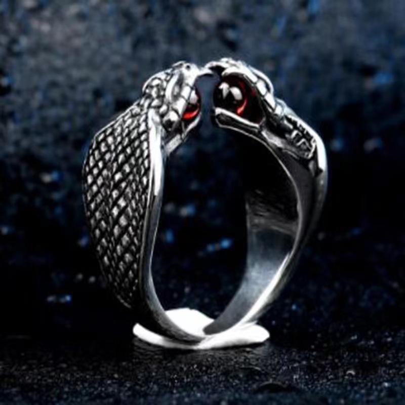 指輪 メンズ 個性的 欧米風 派手 合金 スネーク 蛇 オープンリング 赤色ジルコニア 黒色 男性用 レトロ ヴィンテージ アクセサリー クール ファッション(4)