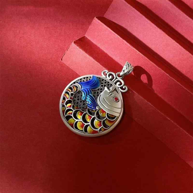 ネックレス レディース 中国風 七宝焼き 焼き付けブルー 鯉 金魚 透かし細工 フィリグリー レトロ アン..