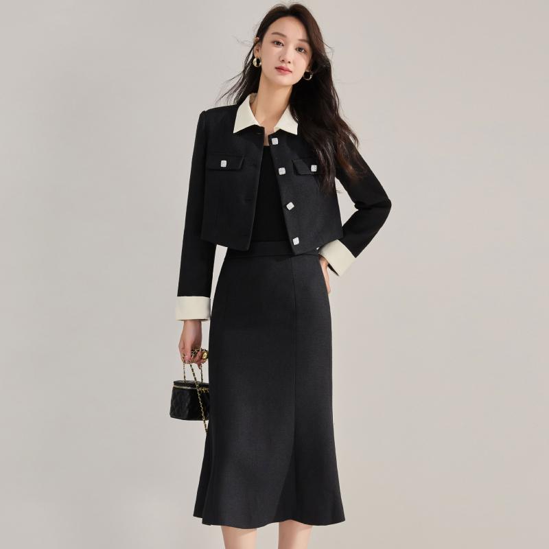 レディース 秋 ツイード エレガント 上品 通勤 オフィス 切り替え ジャケット ミディ丈 マーメイドスカート 2点セット ポリエステル ブラック