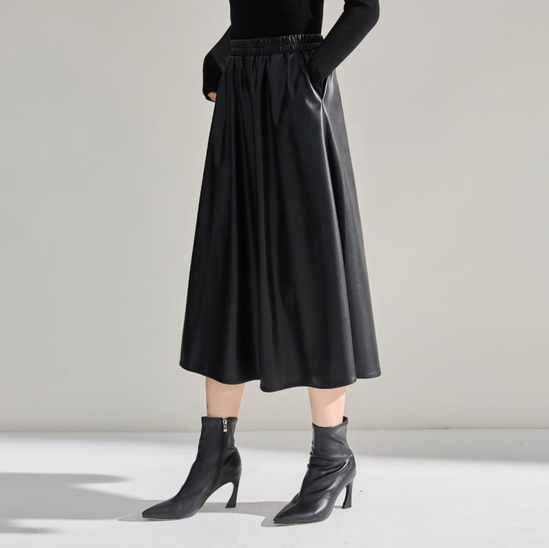 スカート レディース 秋冬 フェイクレザー ウエストゴム ミディ丈 Aライン フレア 体型カバー 細見え ソフト ストレッチ 通勤 オフィス 着回し(4)