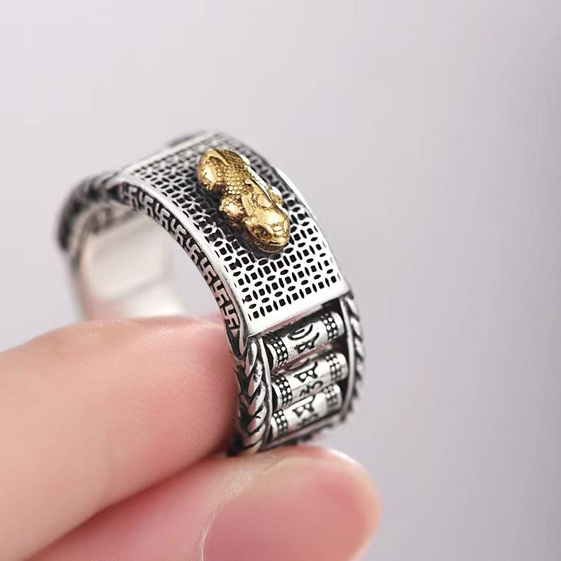 指輪 男女兼用 貔貅 般若心経 回転式 マニ車デザイン オープンリング フリーサイズ 銅製 タイシルバー..