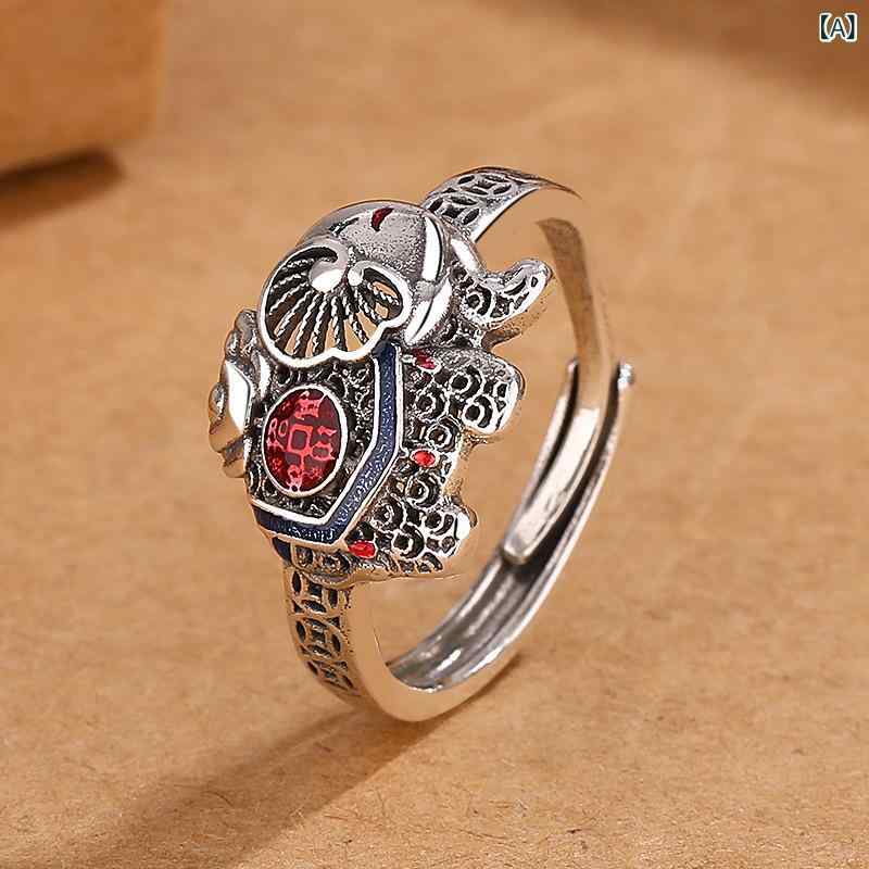 指輪 リング レディース レトロ エスニック 七宝焼き エナメル 銅製 如意 吉祥の象 個性的 アンティーク加工 オープンリング フリーサイズ サイズ調整可能 普段使い カジュアル デイリー(4)