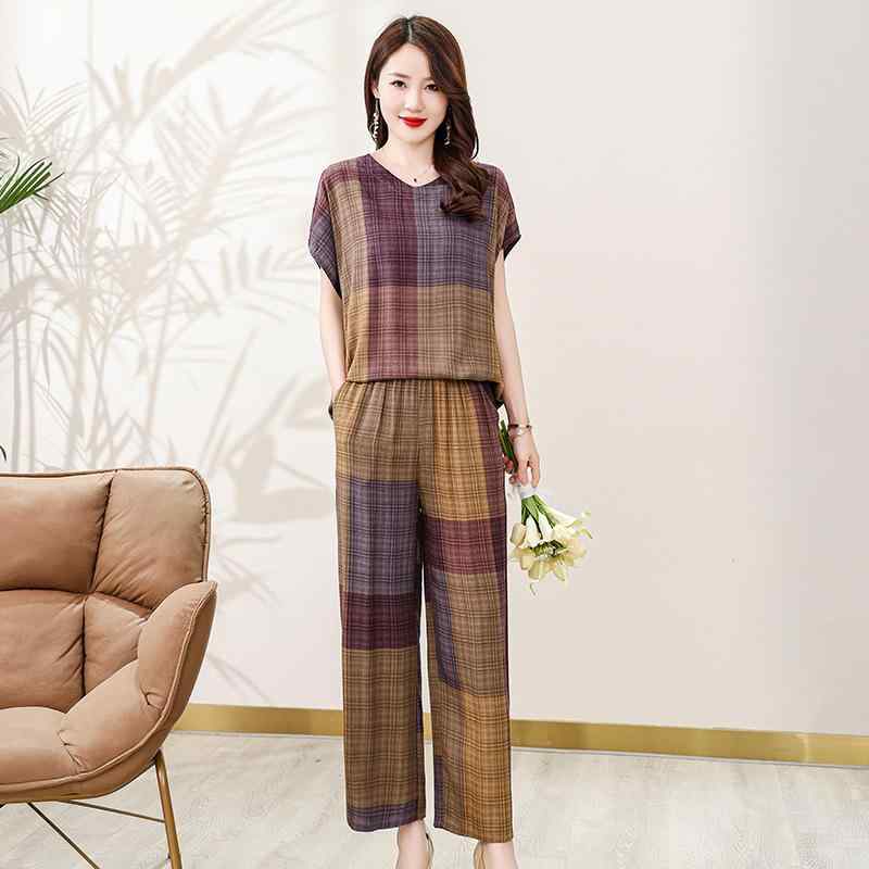 レディース ミセス 夏物 薄手 ゆったり リラックスフィット 半袖 プルオーバー クロップド丈 パンツ レーヨン素材 カジュアル 2点セット ポケット付き(4)