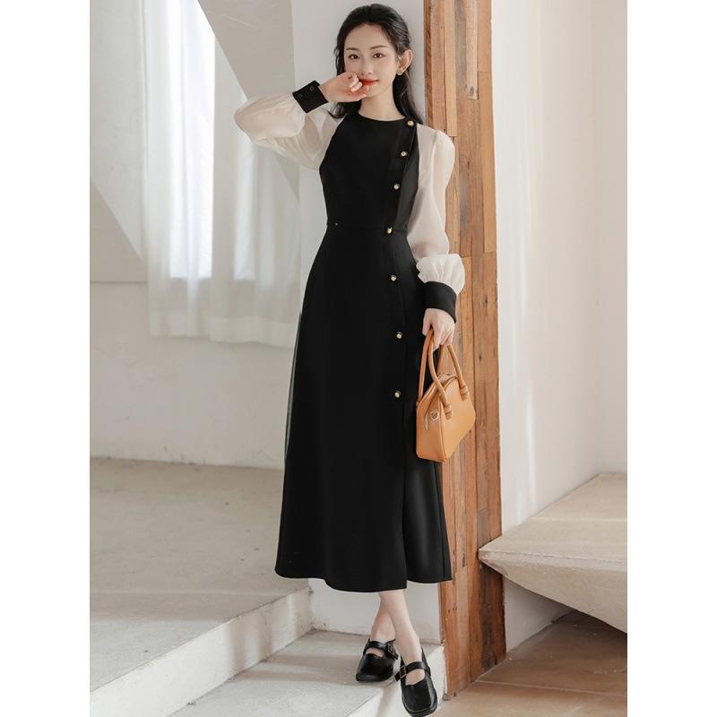 ワンピース レディース ブラックドレス フレンチフォーマル 切り替え Aライン ミモレ丈 ハイウエスト 長袖 ラウンドネック ポリエステル 秋 オケージョン 結婚式 二次会 忘年会 パーティー