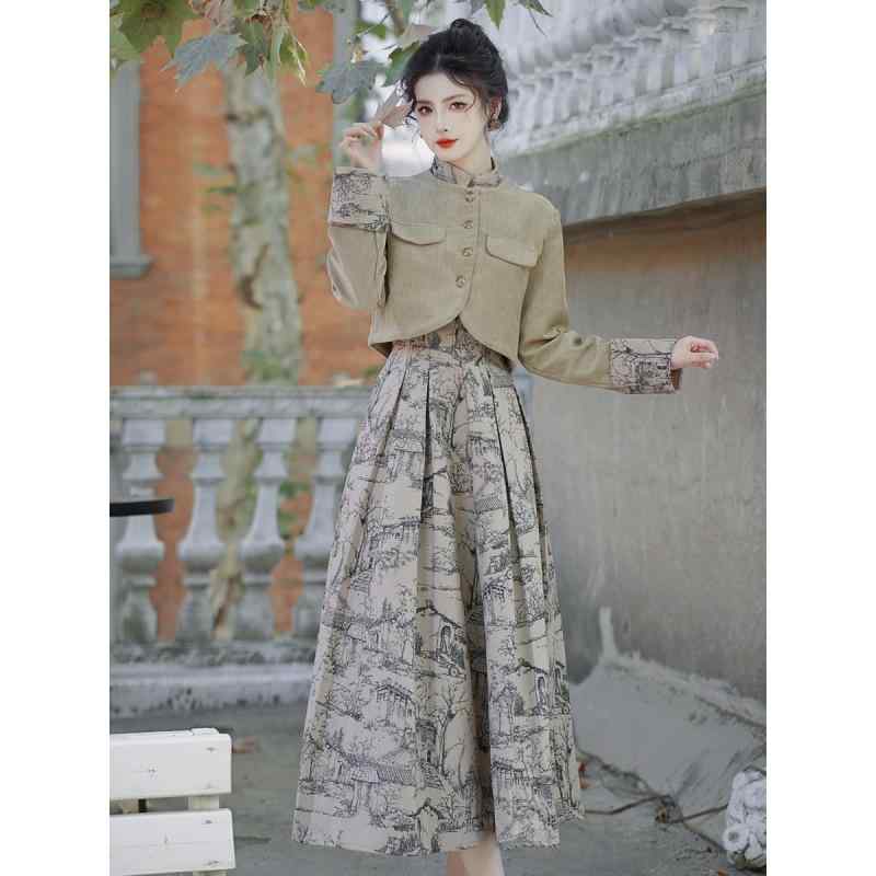 レディース デザイン レトロ アート風 コーデュロイ 切り替え ショート ジャケット プリント ハイウエスト ミディ丈 スカート 2点セット 秋冬