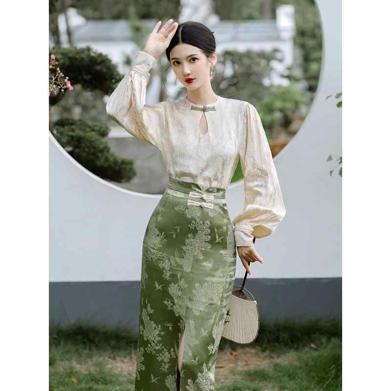 レディース モダンオリエンタル レトロ 改良 チャイナドレス風 長袖 ブラウス 飾りボタン ジャガード フレンチ スカート 2点セット 春夏 ポリエステル