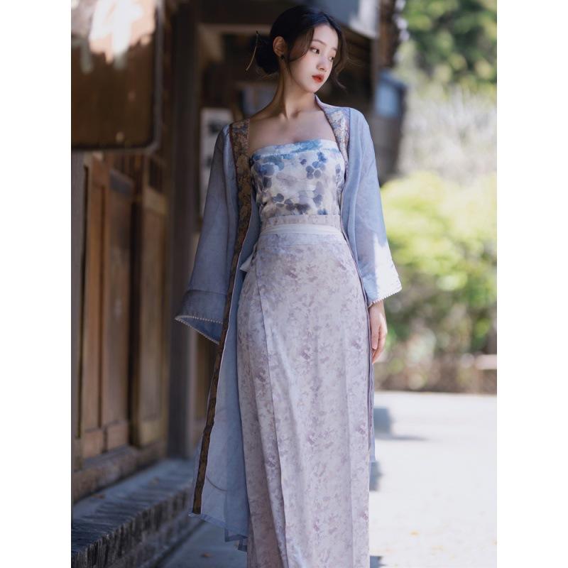 改良漢服 レディース 宋風 チャイナ風 小花柄 刺繍 ビスチェ Aライン ロングスカート 羽織り 3点セット 竹炭繊維 ポリエステル 接触冷感 普段使い 春夏