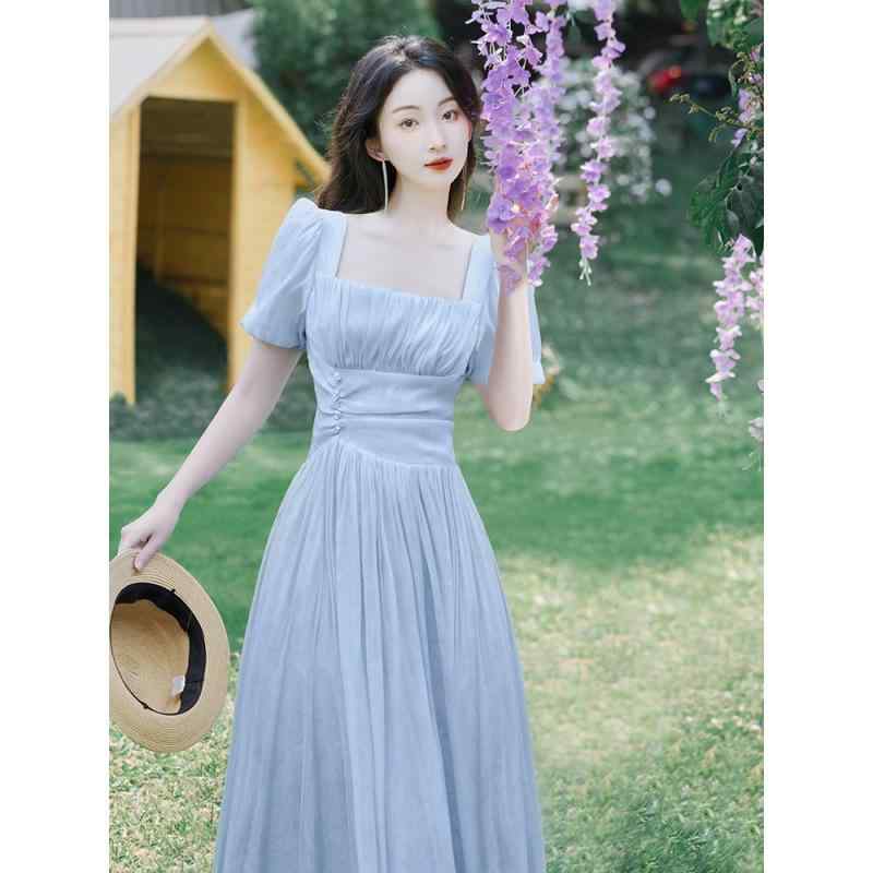 ワンピース レディース フレンチ レトロ エレガント スクエアネック パフスリーブ 半袖 Aライン フレア ハイウエスト ロングドレス ポリエステル 春夏 お出かけ