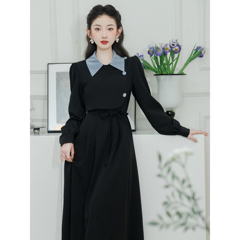 レディース ワンピース フェイクツーピース トレンチコート風 長袖 襟付き バイカラー ハイウエスト ミディ丈 Aラインスカート エレガント レトロ 秋冬 ポリエステル 切り替え シャツ袖 ファスナー ブラック