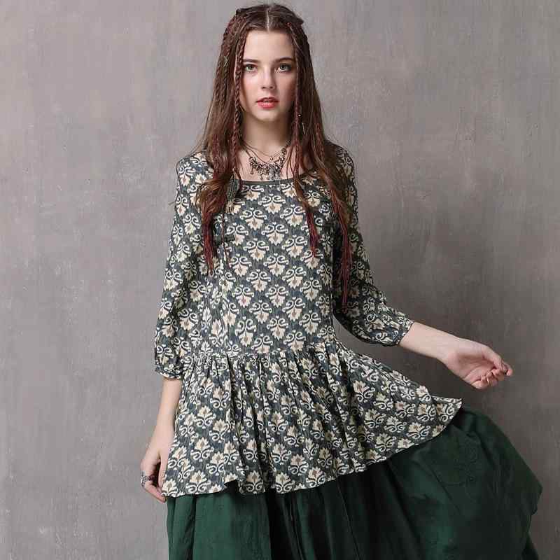 シャツ レディース 花柄 プリント 総柄 トップス レトロ ゆったり 大きいサイズ 綿麻 コットンリネン プルオーバー 七分袖 ランタンスリーブ ミドル丈 クルーネック 秋冬のサムネイル