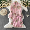 レディース 春夏 フレンチガーリー フェミニン ピンク 総刺繍 シアー素材 長袖 ブラウス UVカット パフスリーブ ハイウエスト 細見え 体型カバー ワイドパンツ エレガント(4)