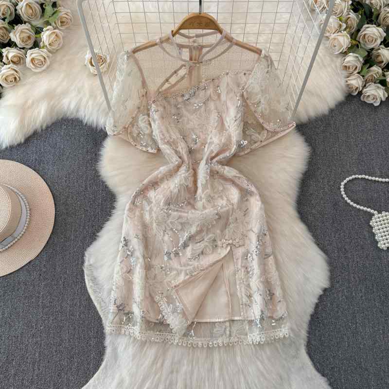 ワンピース レディース 夏 スパンコール チャイナボタン スタンドカラー スリムフィット フェミニン エレガント レトロ Aライン ショート丈 半袖 ハイウエスト ビーズ メッシュ チャイナ風 アプリコット