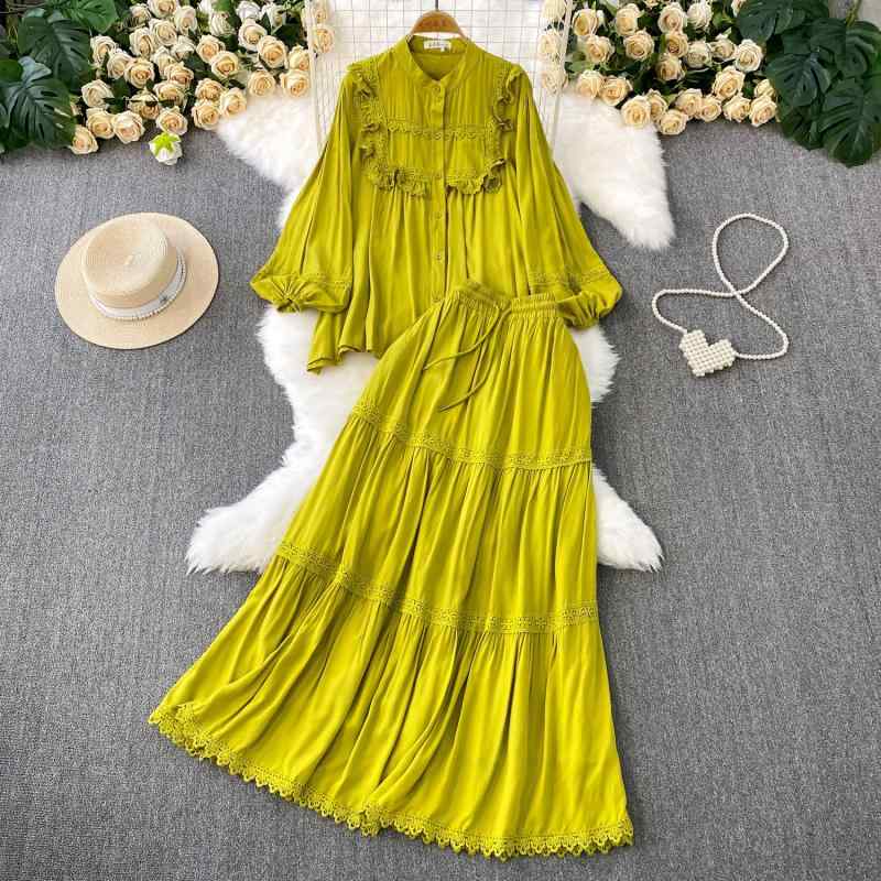 レディース レトロ エレガント レース 切り替え ゆったり ランタンスリーブ 長袖 ブラウス ハイウエスト プリーツスカート 着痩せ シェニール 上下セット 春...