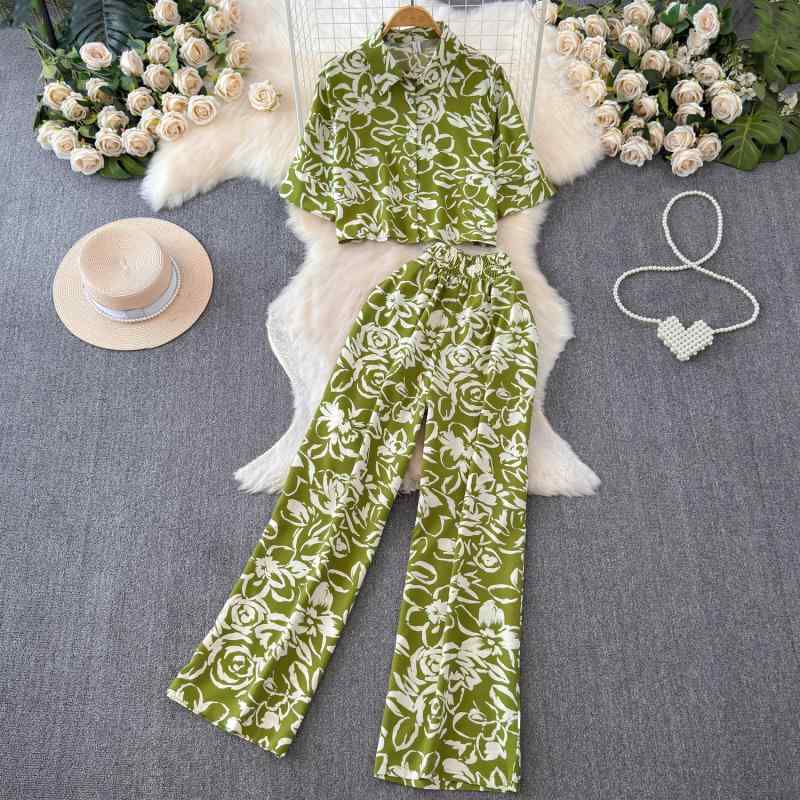 レディース 半袖 ポロ襟 ブラウス プリント ゆったり ワイドパンツ リゾート カジュアル 大人 上品 秋冬