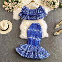 レディース 春夏 リゾート バカンス エレガント 上品 オフショルダー フリル 豪華刺繍 透かし彫り ロングスカート シェニール 2点セット 黒 白 青 黄色