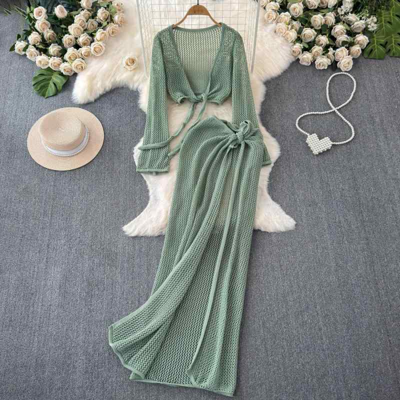 水着 レディース ビキニ カバーアップ 2点セット リゾートウェア ビーチ プール 温泉 旅行 メッシュ ウエストマーク タイアップ 長袖 パフスリーブ 日よけ UV対策 体型カバー 春夏