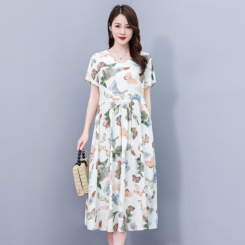 ワンピース レディース 春夏 ロング丈 Aライン ゆったり 大きいサイズ 着痩せ効果 ママ ミセス Vネック 半袖 ポケット付き 薄手 レーヨン素材 プリント エレガント きれいめ 通勤 カジュアル