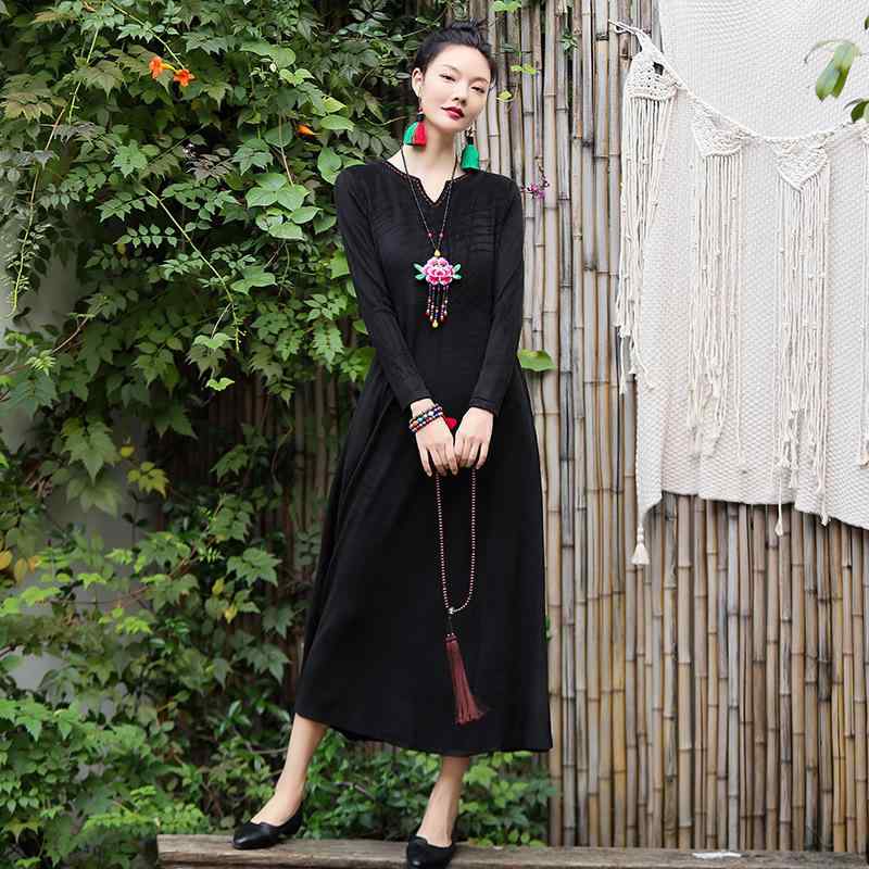 ワンピース レディース 女性用 民族風 エスニック コットンリネン Vネック 長袖 スリムフィット ロング丈 Aライン 刺繡 レトロ 秋 ブラック 無地 普段使い お出かけ 手作業装飾