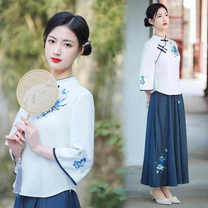 チャイナトップス レディース レトロモダン 中国風 刺繍 スタンドカラー 飾りボタン ショート丈 アンティーク調 茶芸服 普段着 お茶会 発表会 サテン 綿 春夏