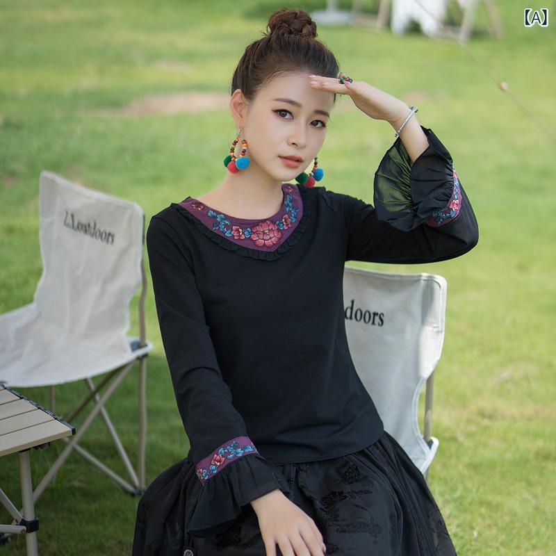 シャツ 秋冬 レトロ エレガント 中国風 厚手 重厚感 刺繍 アップリケ フリル袖 切り替え 細見え コットン 長袖 プルオーバー スリムフィット ラウンドネック 花柄