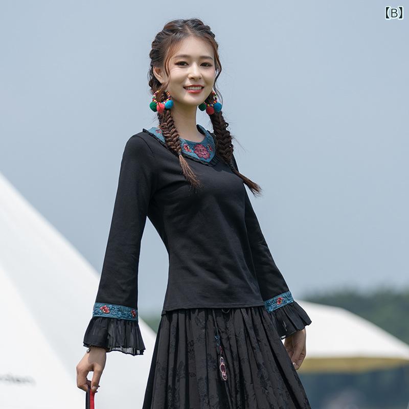 シャツ 秋冬 レトロ エレガント 中国風 厚手 重厚感 刺繍 アップリケ フリル袖 切り替え 細見え コットン 長袖 プルオーバー スリムフィット ラウンドネック 花柄