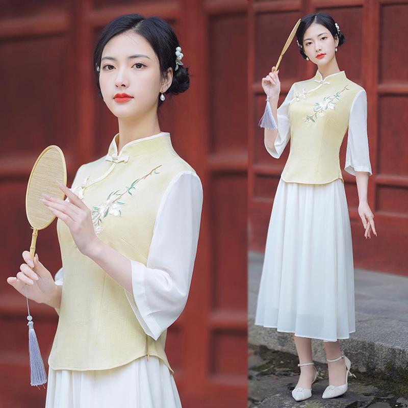 チャイナドレス トップス レディース 中国風 改良 レトロ 盤扣 スタンドカラー 花柄刺繍 茶服 綿 サテン調 カジュアル 春夏