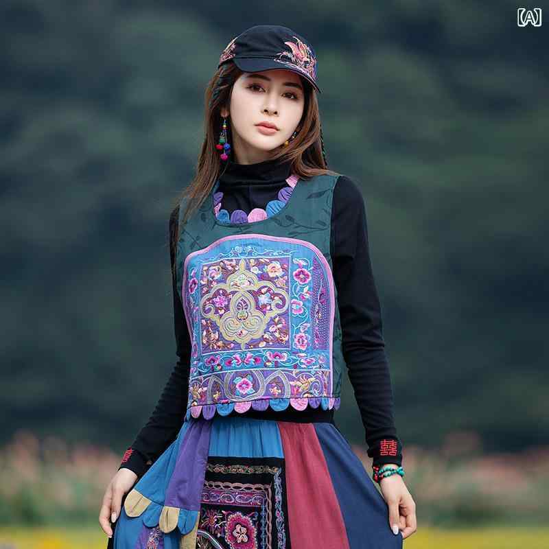 ベスト レディース 民族風 エスニック レトロ 刺繡 花柄 ボタニカル柄 切り替え ラウンドネック 丸首 綿麻 コットンリネン 緑 黒