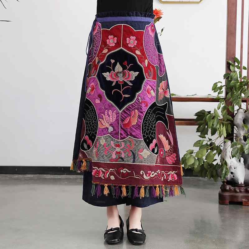 スカート レディース 民族風 エスニック 綿麻 コットンリネン タッセル レトロ ヴィンテージ 刺繍 ウエストゴム ロング丈 フレア Aライン 通勤 オフィス 普段使い 秋冬のサムネイル