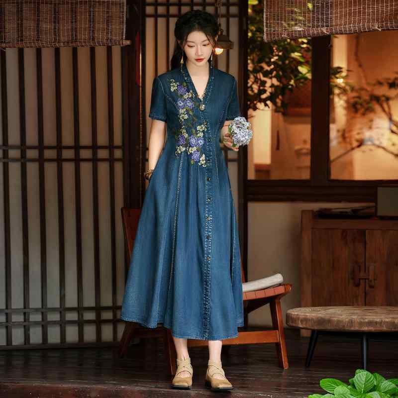 ワンピース レディース Vネック デニム 半袖 ロング丈 Aライン 凝った刺繡 高級感 コットン ポケット レトロ 春夏 普段使い カジュアル