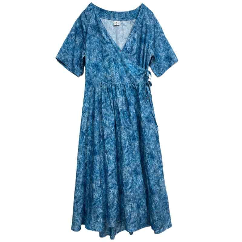 ワンピース レディース Vネック 半袖 ウエストマーク ウエストリボン 細見え ロング丈 マキシ丈 タイダイ 絞り染め 小花柄 ラップデザイン アシンメトリー ガウンワンピース エレガント レトロ 春夏 混紡素材