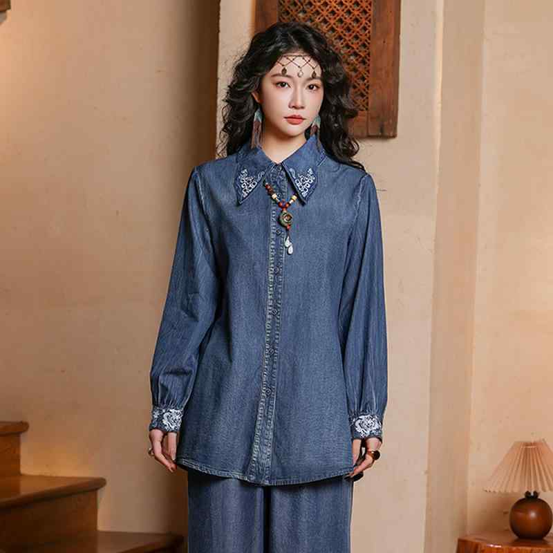 シャツ レディース レトロ 個性的 エスニック 凝った刺繍 デニム スリムフィット 花柄 長袖 襟付き Aライン 綿 春夏 普段使い
