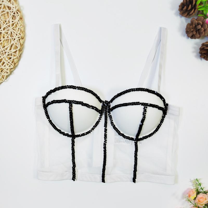 ブラジャー レディース セクシー シースルー チュール ビーズ クリスタル ボーン入り ビスチェ風 ショート丈 補正 ボディメイク 谷間メイク ランジェリー ホワイト ブラック