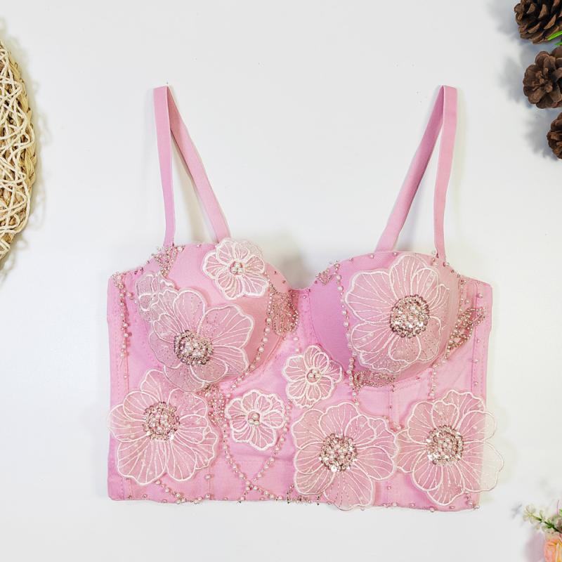 ビスチェ レディース オリジナルデザイン レース 立体花 ビーズ装飾 見せブラ 寄せ上げ 美背 ショート丈 ボーン入り 高級感 厚盛りカップ ポリエステル 快適 通気性 補正下着
