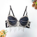 ブラジャー レディース フレンチスタイル セクシー 三角カップ 寄せ上げ 谷間メイク チューブトップ ベアトップ バックオープン 背中見せ 美背 補正 ボーン入り ラインストーン メタルフリンジ 見せブラ ブラック