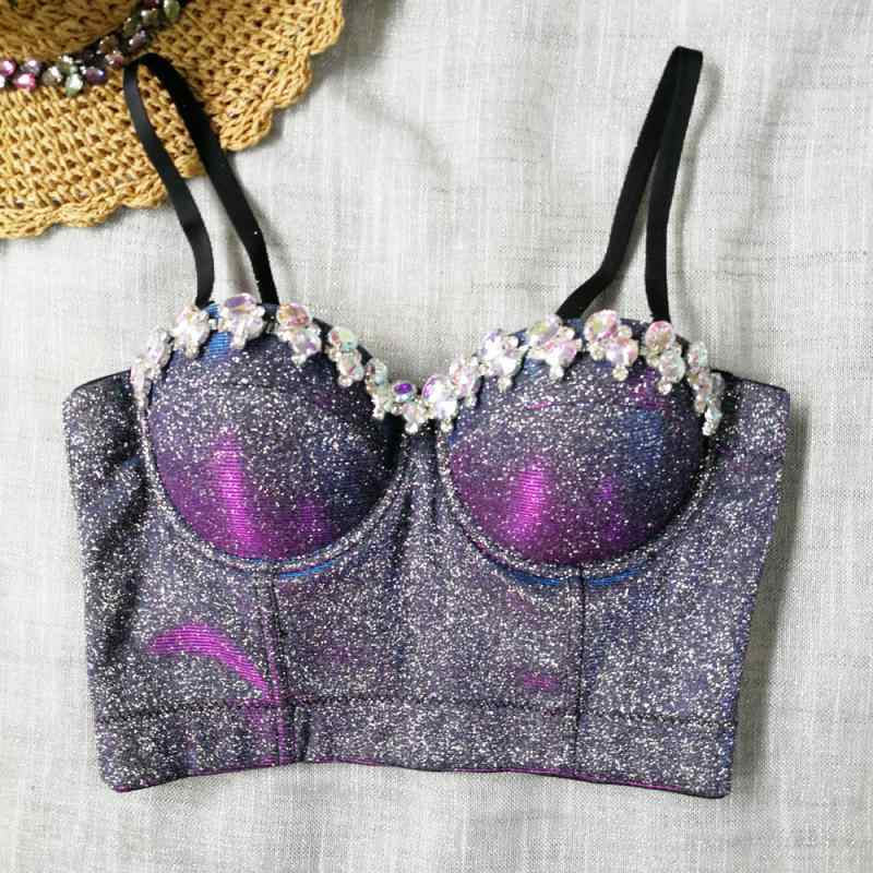 ビスチェ レディース 女性用 魚骨デザイン ストラップ クロップド丈 オーロラ ピーコックブルー ラインストーン スパークル キラキラ 美背デザイン バックシャン ステージ ダンス イベント 衣装 スリムフィット 伸縮性 ナイロン アセテート 春夏