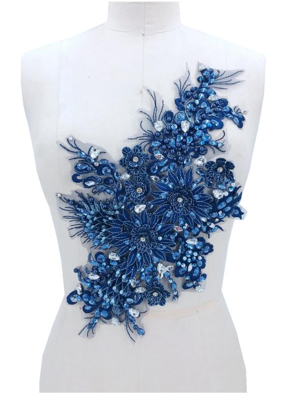 レースモチーフ 立体 レースフラワー ネイビー 濃紺 ビーズ スパンコール刺繍 ハンドメイド ウェディングドレス 舞台衣装 ドレス装飾 DIY 手芸材料